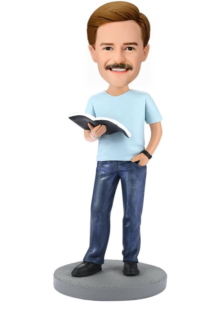 Modern Reading Book Man Custom Bobblehead With Engraved Text