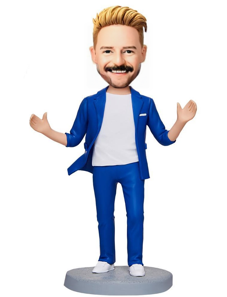 Blue Suit Happy Business Man Custom Bobblehead With Engraved Text