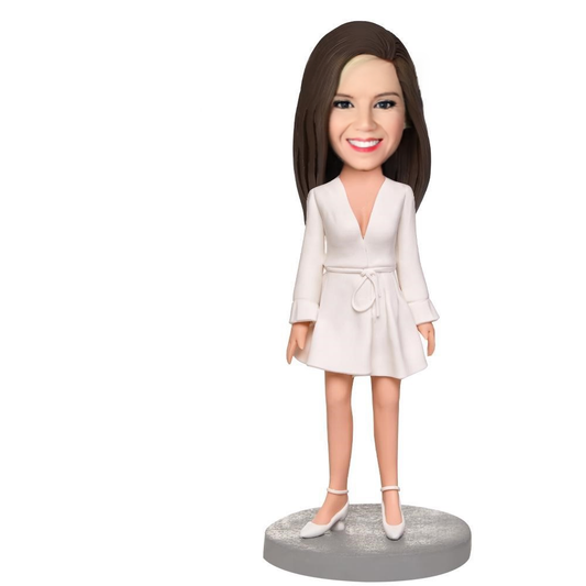 Beautiful Girl Wear White Dress Custom Bobblehead With Engraved Text