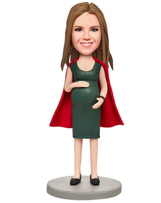 Pregnant New Mom Super Mom in Red Cape Custom Bobblehead With Engraved Text