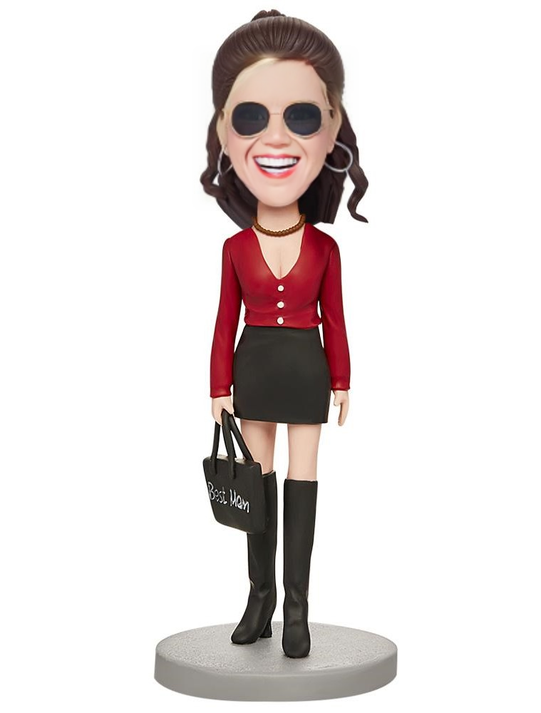 Red Top and Black Skirt Best Mom Custom Bobblehead With Engraved Text