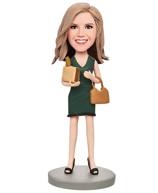 Beautiful Female with Baguette and Bag Custom Bobblehead With Engraved Text