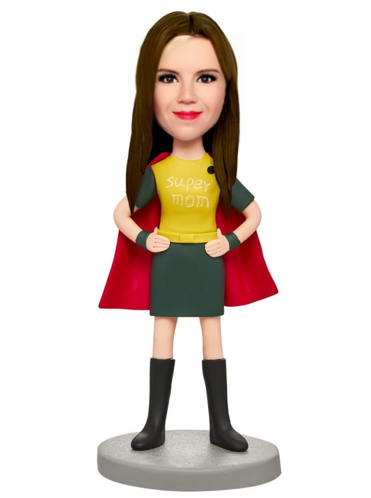 Mother&#x27;s Day Gift Red Cape Supermom Custom Bobblehead With Engraved Text