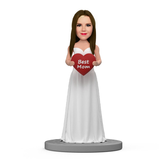 Mother&#x27;s Day Gift White Long Dress Best Mom Custom Bobblehead With Engraved Text