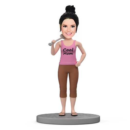 Casual Cool Mom Holding a Spatula Custom Bobblehead With Engraved Text