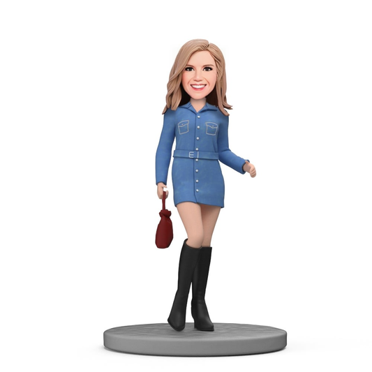 Fashion Lady in Denim Skirt and Black Boots Custom Bobblehead With Engraved Text