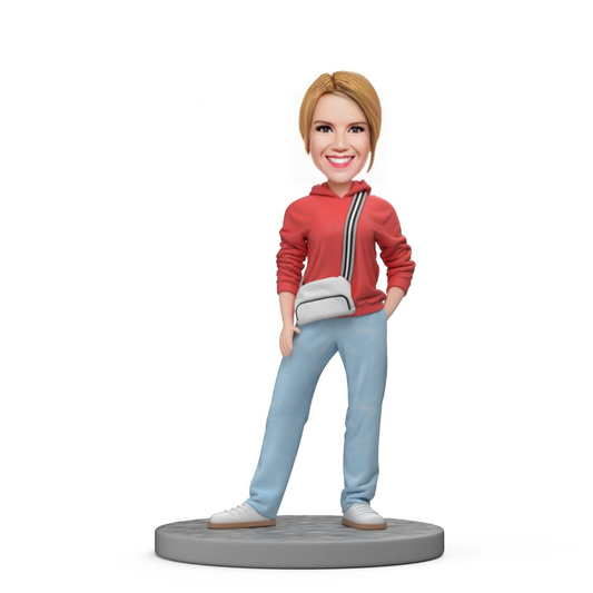 Casual Lady in Pink Top and Jeans Custom Bobblehead With Engraved Text