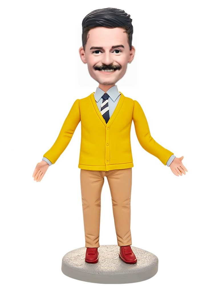 Yellow Suit Modern Man Custom Bobblehead With Engraved Text