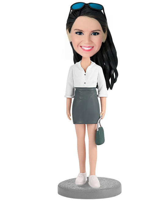 Woman With A Bag In Her Hand Custom Bobblehead With Engraved Text