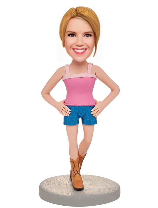 Woman Wearing Suspenders Custom Bobblehead With Engraved Text