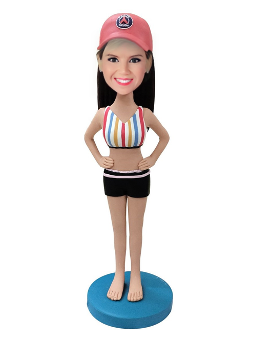 Woman In Stylish Bathing Suit Custom Bobblehead With Engraved Text