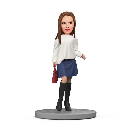 White Sweater And Boots Custom Bobblehead With Engraved Text