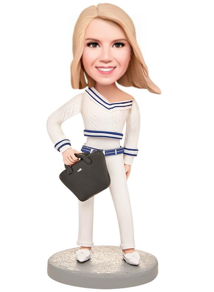 White Suit Female Custom Bobblehead With Engraved Text