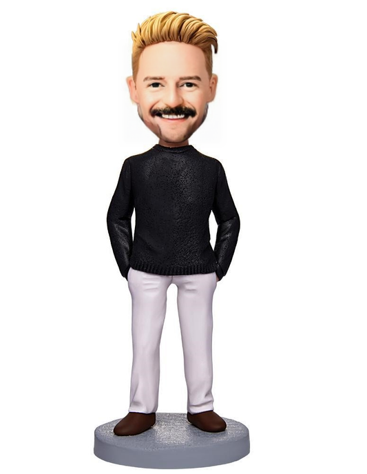 Wearing A Black Sweater Man Custom Bobblehead With Engraved Text