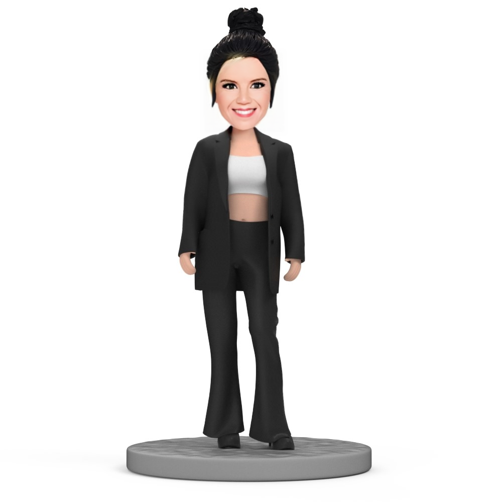 Modern Girl in Black Oversize Suit  Custom Bobblehead With Text