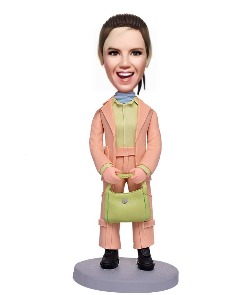 Modern Woman In Pink Suit Custom Bobblehead With Engraved Text