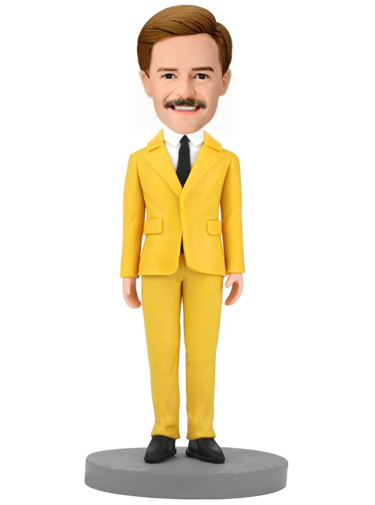 Modern Man In Yellow Suit Custom Bobblehead With Engraved Text