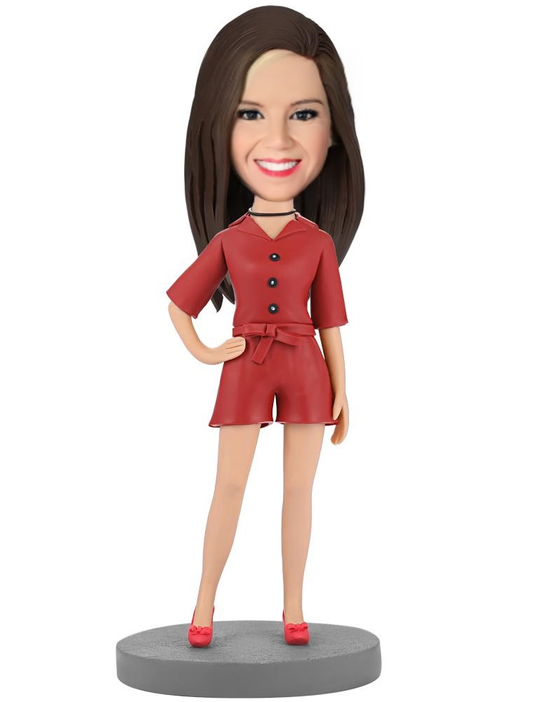 Modern Beautiful Girl In Red Suit Custom Bobblehead With Engraved Text