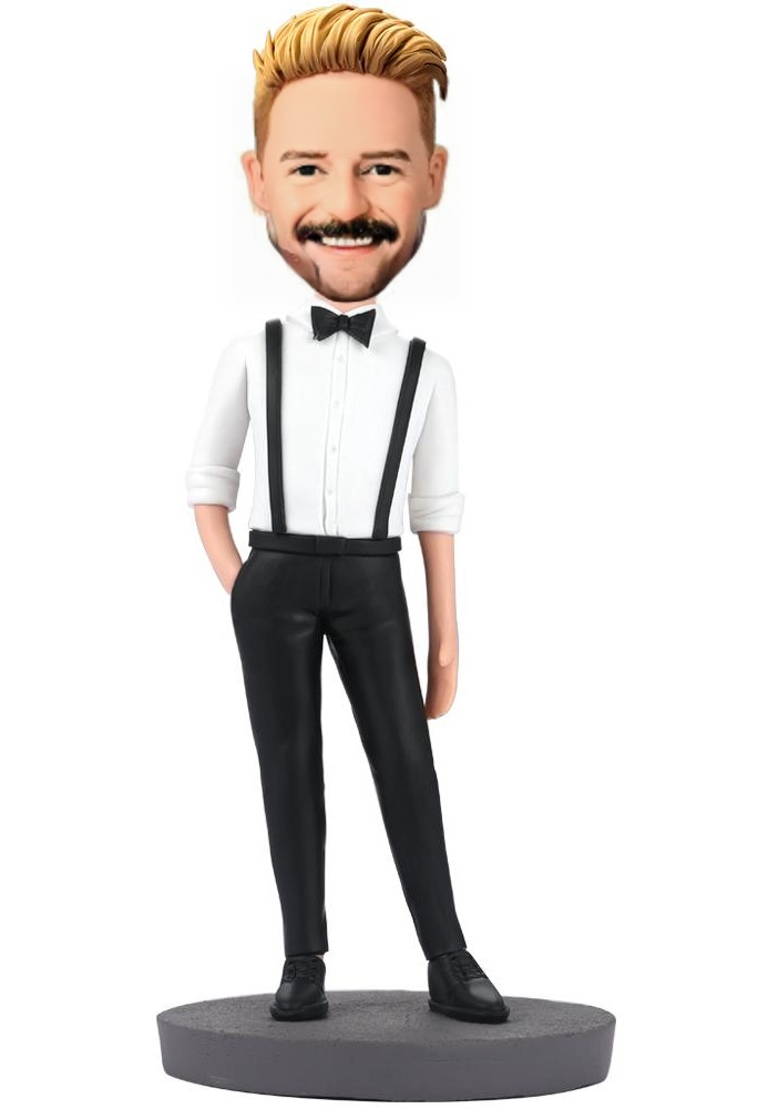 Handsome Man In Bib Pants Custom Bobblehead With Engraved Text