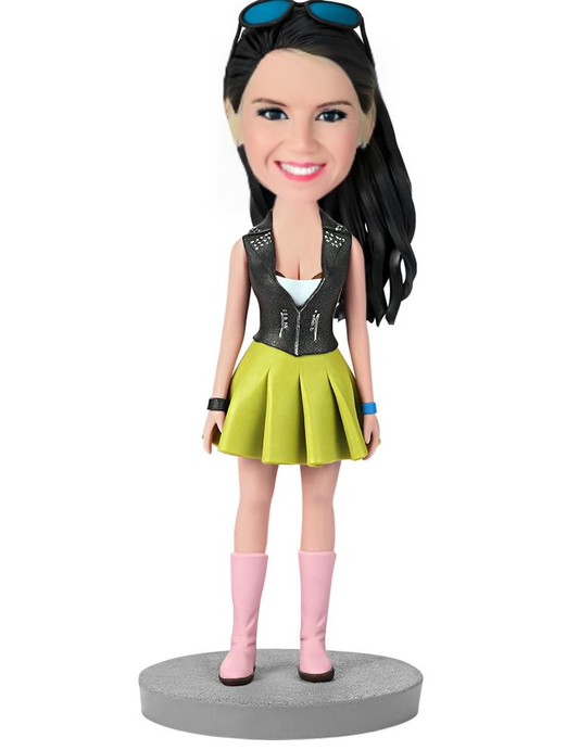 Female Wearing Green Dress Custom Bobblehead With Engraved Text