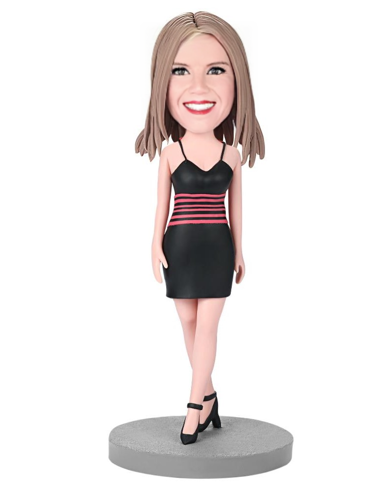 Female Wearing A Black Dress Custom Bobblehead With Engraved Text