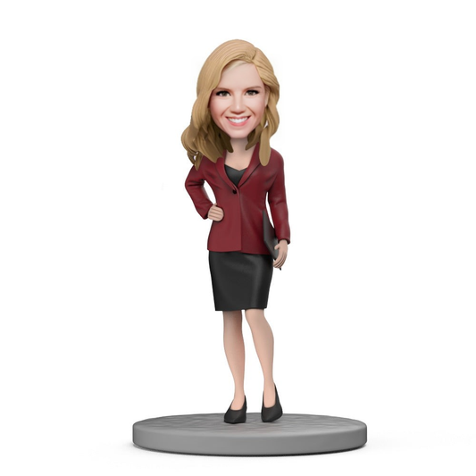 Female Boss with Red Suit and Short Skirt Custom Bobblehead with Engraved Text