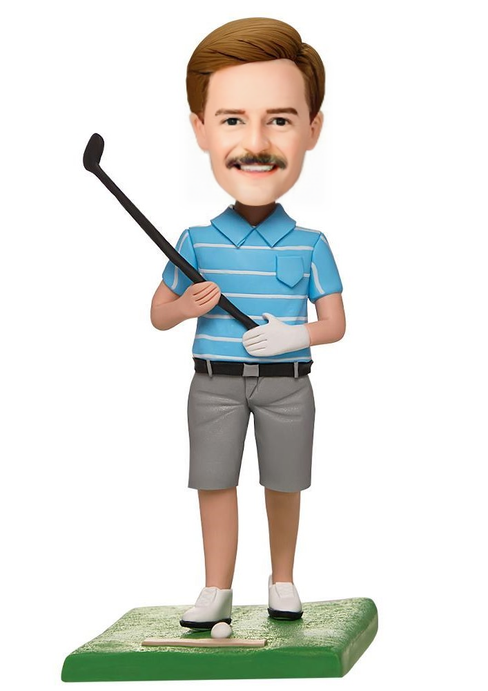 Male Golfer Posing Custom Bobblehead With Engraved Text