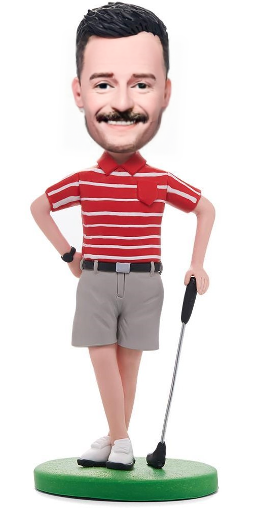 Golfer Posing In Red Shirt Custom Bobblehead With Engraved Text