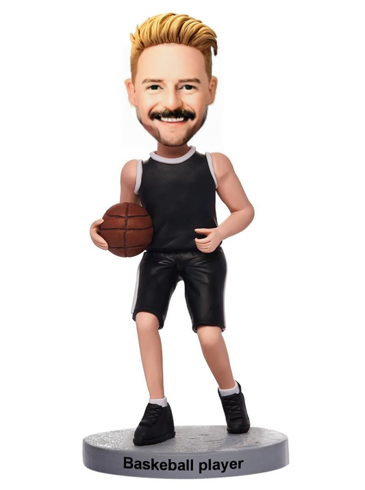 Basketball Player Dribbling In Black Uniform Custom Bobblehead With Engraved Text