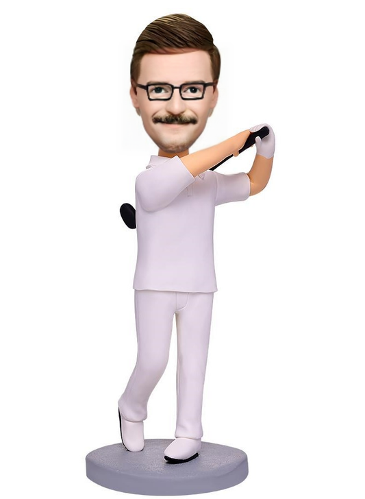 White Suit Golfer Custom Bobblehead With Engraved Text