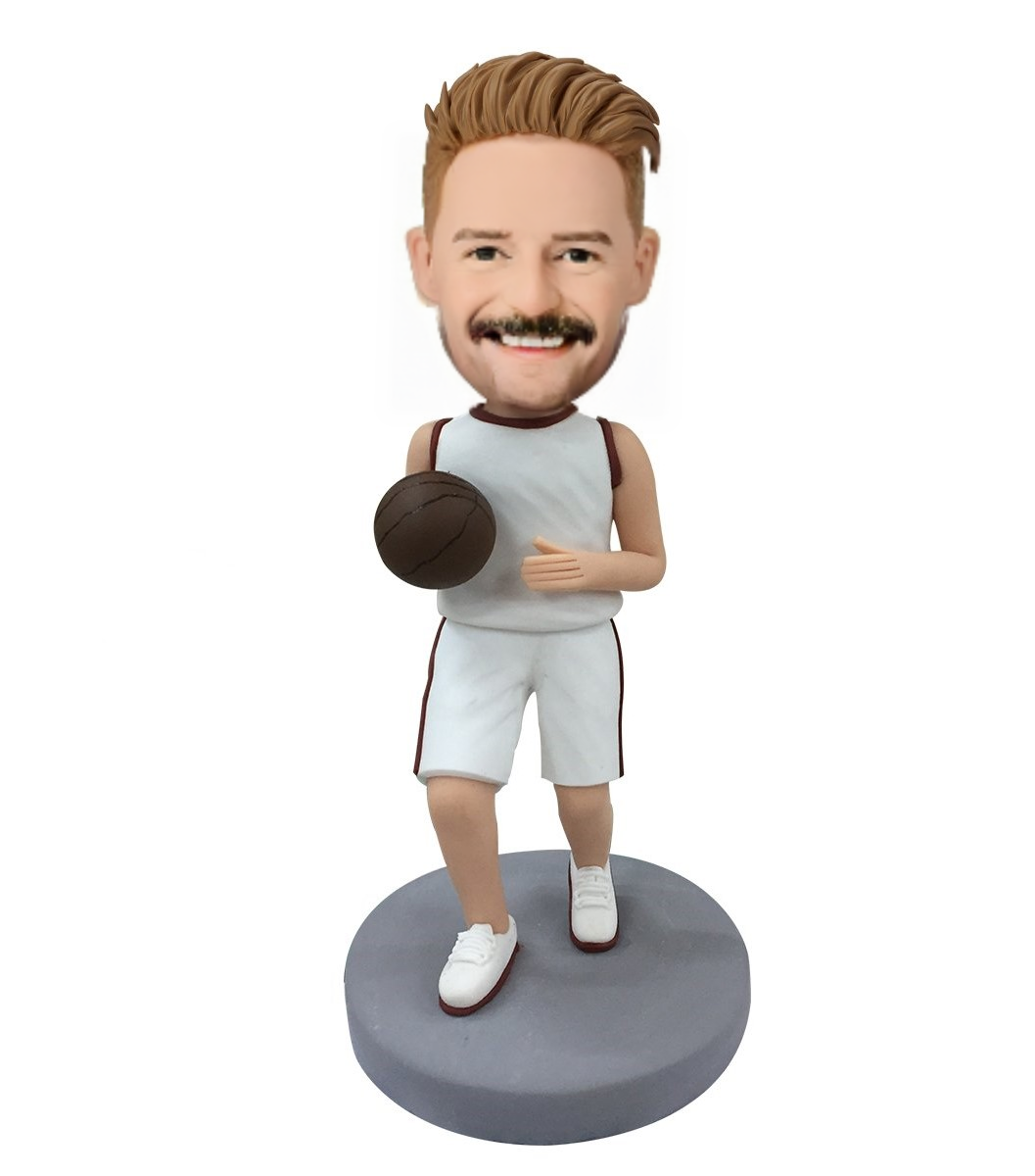 Basketball Player Dribbling With White Uniform Custom Bobblehead With Engraved Text