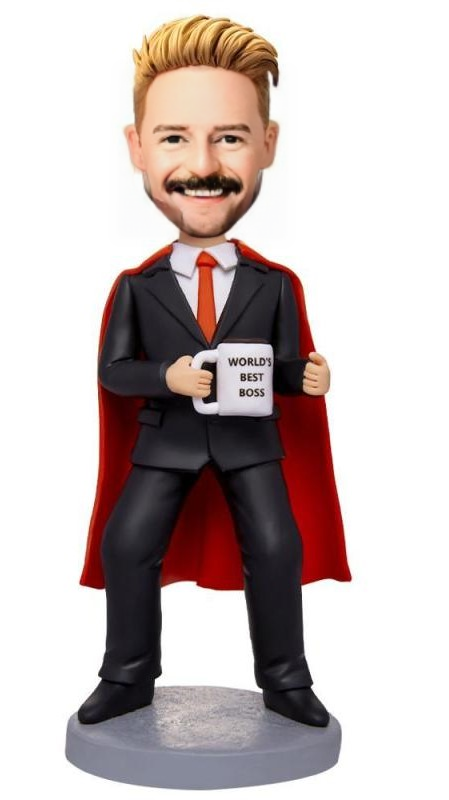 Worlds Best Boss Super Businessman Holding A Water Glass Custom Bobblehead With Engraved Text