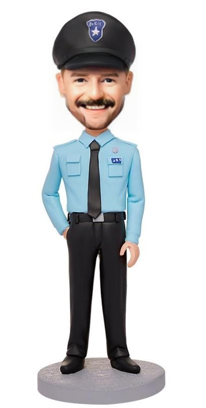 Policeman In Blue Police Uniform Custom Bobblehead With Engraved Text