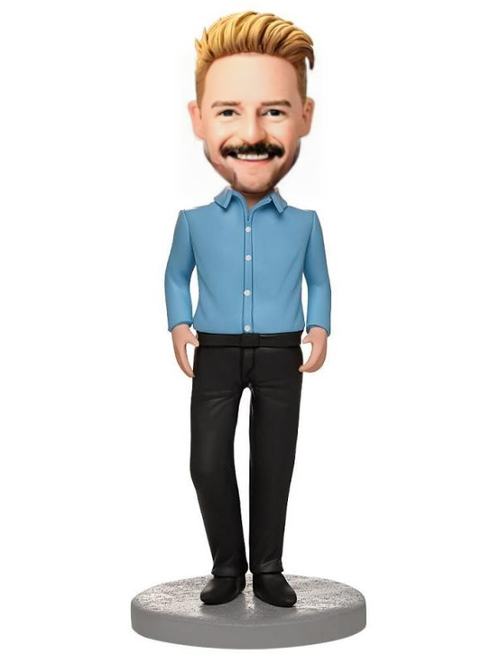 Business Male Wearing A Blue Shirt Custom Bobblehead With Engraved Text