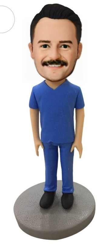 Male Medical Professional in Blue Scrubs Custom Bobblehead With Engraved Text