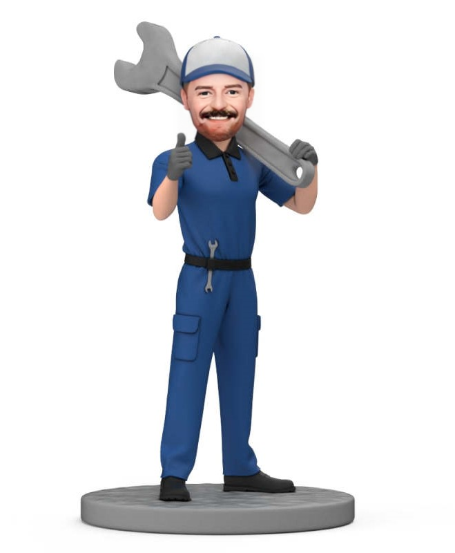 Custom Bobblehead Best Auto Mechanic in A Uniform Standing And Carrying a Tool