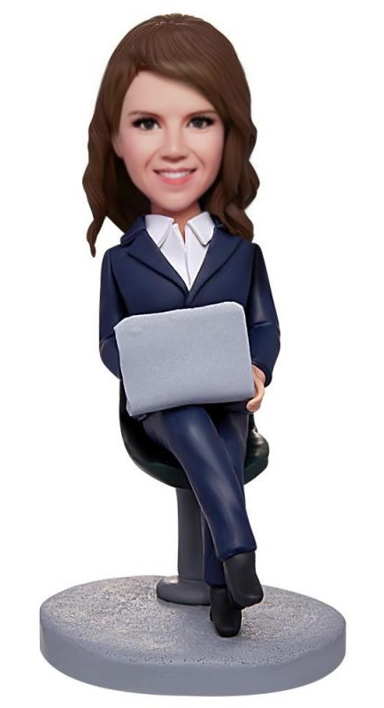 Female Boss Working With Laptop Engraved Text Custom Bobblehead