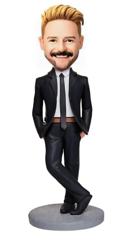 Business Man With Hands In Pockets Custom Bobblehead With Engraved Text