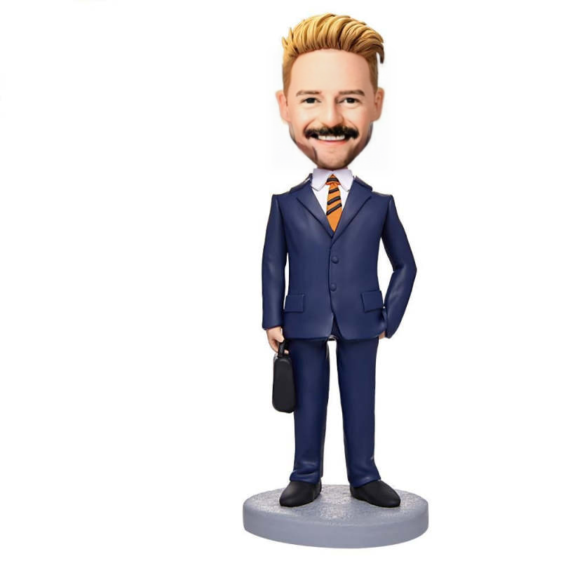 A Man In A Business Blue Suit Carrying A Bag Custom Bobblehead With Engraved Text