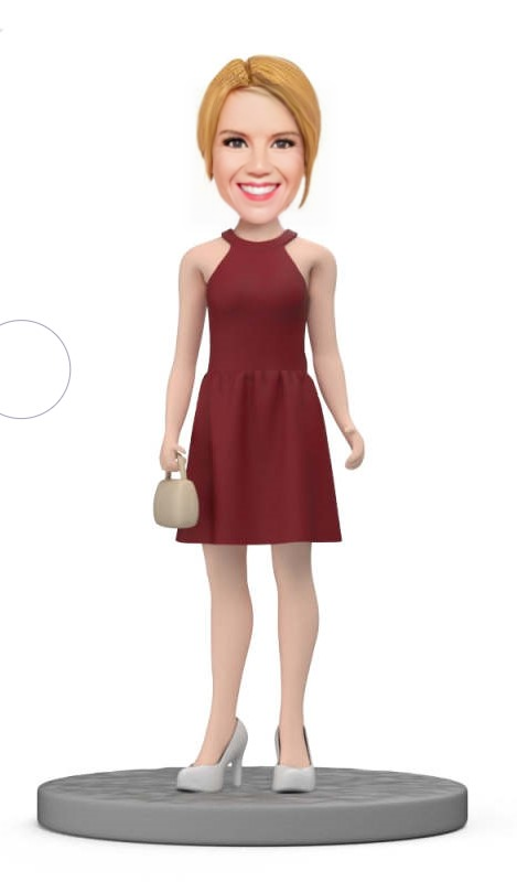 Custom Bobblehead Young Lady in Red Dress Gift For Her