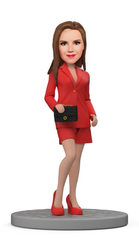 Custom Bobblehead Stylish Female Boss in A Red Suit Holding a Handbag