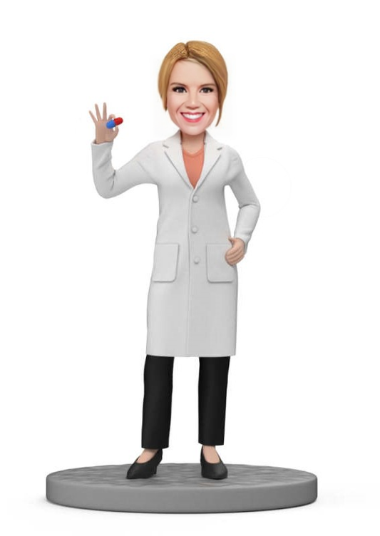 Custom Doctor Bobblehead Female Pharmacist Holding Pill Bobblehead