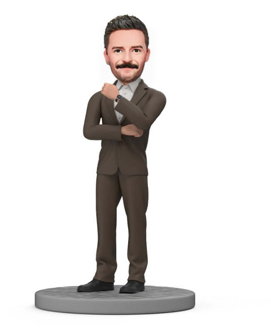 Bosss Day Gift Custom Bobblehead Boss in Brown Suit With Watch