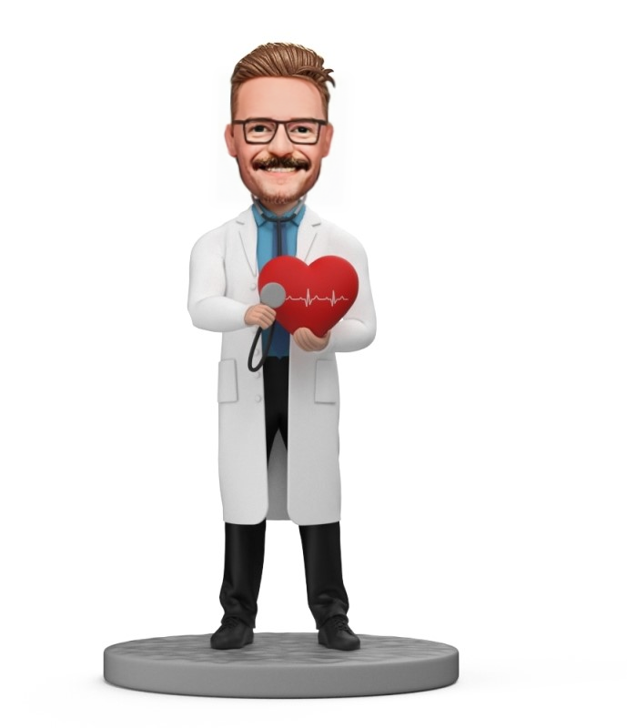 Custom Doctor Bobbleheads  Cardiologist Holding Red Heart