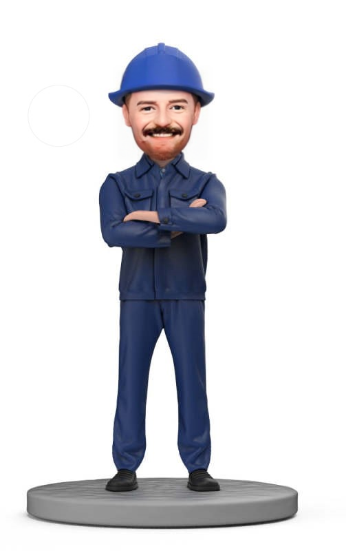 Mechanical Engineer in Blue Overalls Custom Bobblehead With Engraved Text