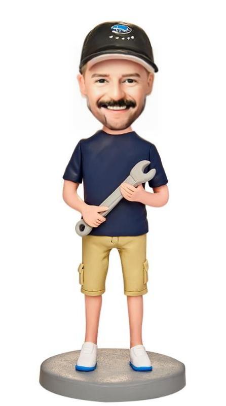 Man Holding Wrench Custom Bobblehead With Engraved Text