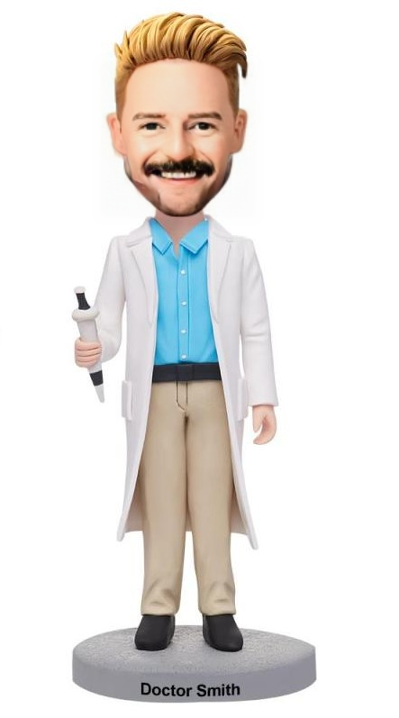 Male Doctor Holding A Syringe Custom Bobblehead With Engraved Text