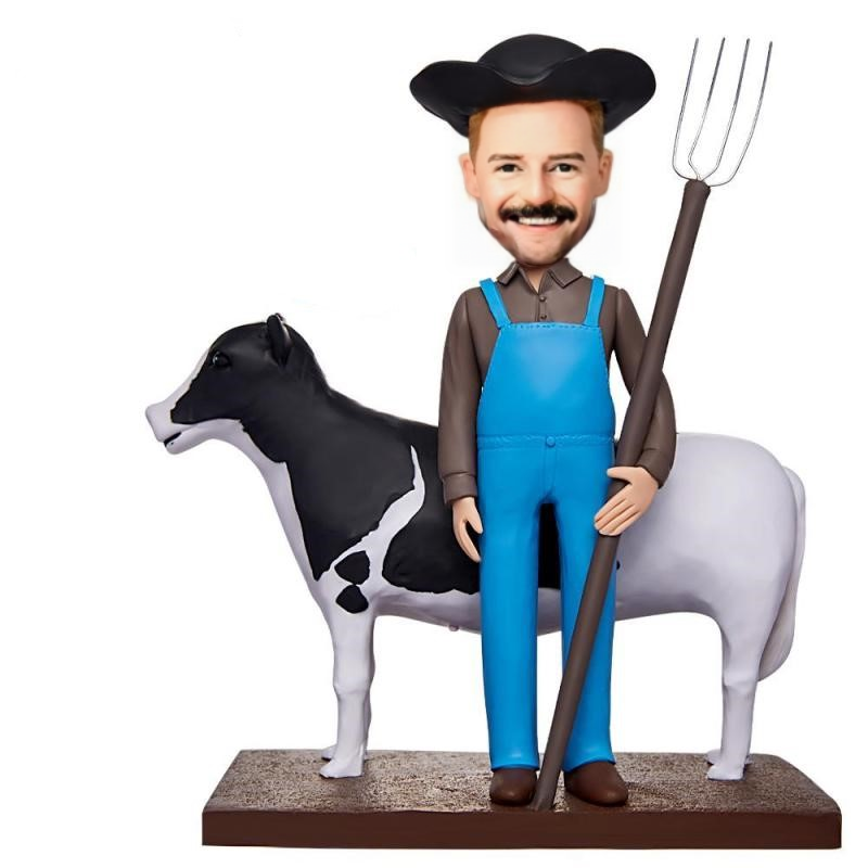 Farmer And Cow Custom Bobblehead With Engraved Text