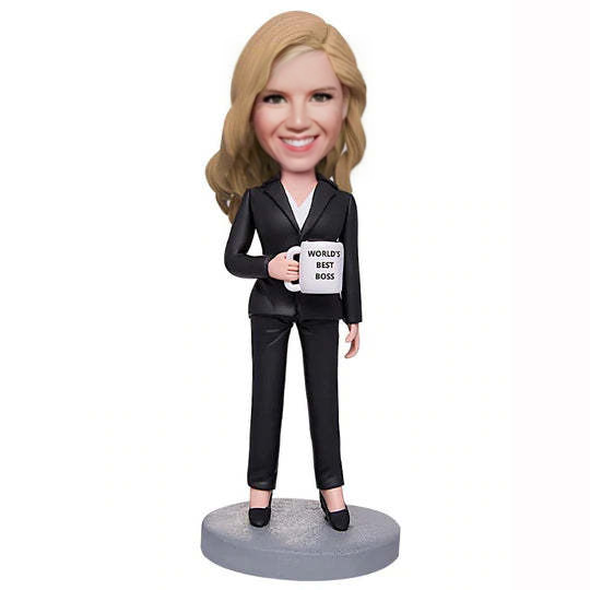 Business Gift Worlds Best Boss Business Woman Holding A Water Glass Custom Bobblehead With Engraved Text