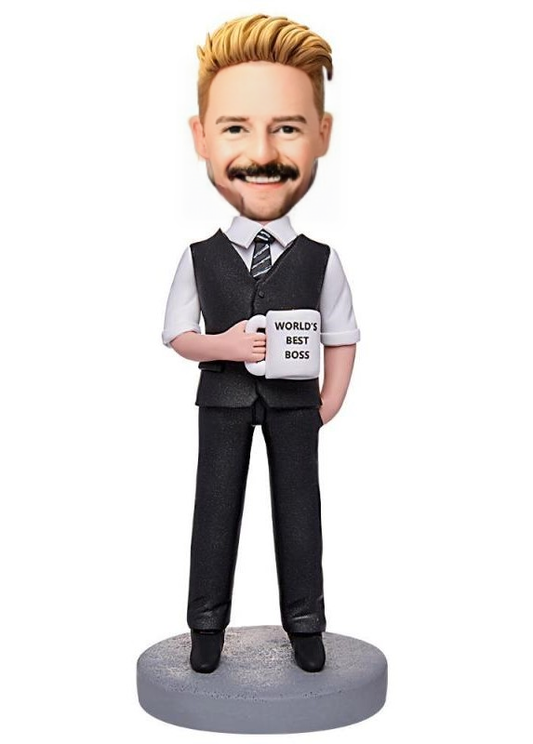 Worlds Best Boss Businessman Holding A Water Glass Custom Bobblehead With Engraved Text